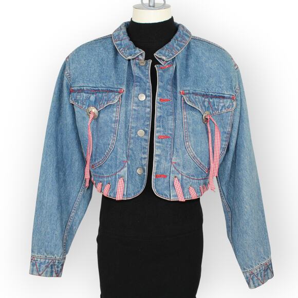 Vintage M/L HystericEtVous Crop Denim Jean Jacket Western Red Gingham Cowgirl - Picture 5 of 16